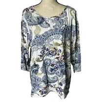 Collections Etc  Blouse XXL White Blue Paisley Sequins 3/4 Sleeve