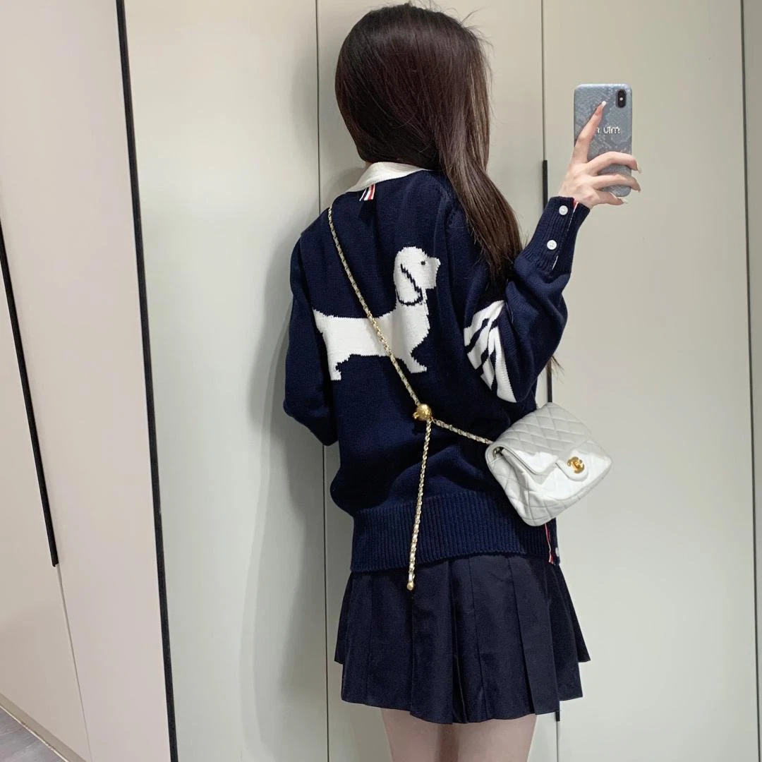 Maglione cardigan Thom Browne donna schiena cucciolo cotone scollo a V