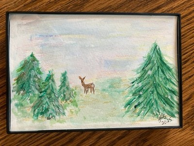 Original watercolor and ink painting of deer, evergreens landscape 4x6 framed