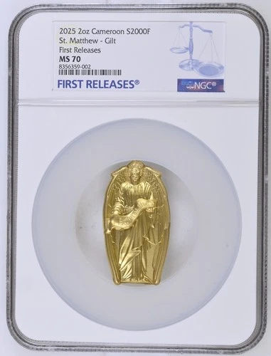 2 Oz Silver Coin 2025 Cameroon St. Matthew Gold Gild High Relief NGC MS 70 POP 4