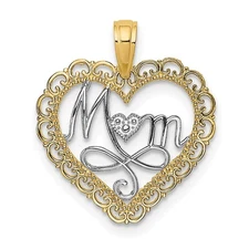 14k Yellow Gold And Rhodium Cut-Out Mom Inside Scallop Heart Pendant