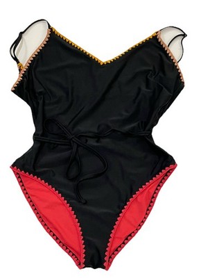 O RAGEOUS One Piece Black Swimsuit w/colorful trim, optional string belt Size XL
