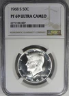 1968-S 50C NGC PF69UCAM PROOF 40% SILVER KENNEDY ~ GORGEOUS BLACK & WHITE!