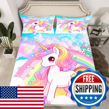 Manfei Cute Unicorn Kids Fitted Sheet Twin Sizerainbow Stars Cloud Dreamy