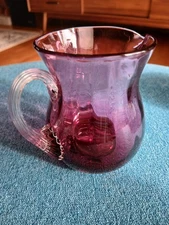 Pilgrim Cranberry Glass Hand Blown  3 1/4" Pitcher, Applied Ribbed Handle