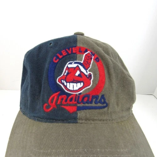 Vntg Cleveland Indians Embroidered Logo Men's Gray & Blue Adj Strap Back Cap Hat