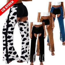 US Womens Western Cowgirls Chaps Costume Cow Spot Pattern Flannel Pants Trousers