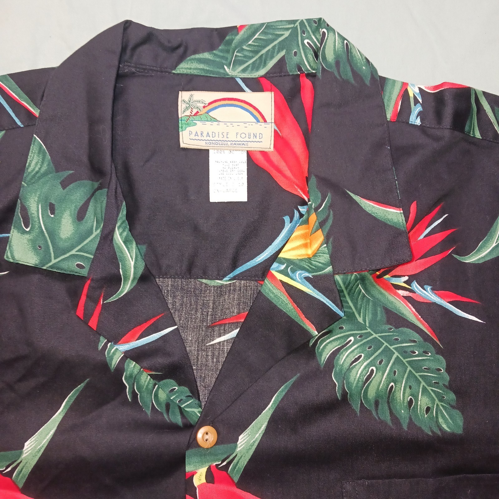 VINTAGE Paradise Found Shirt Black Bird of Paradise Monstera Hawaiian Men's 2XL