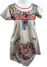 VTG Handmade Embroidered Mexican Oxican Dress Peacock Novelty Rainbow  S Cottage