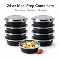 150 Set 24oz Round Food Storage Containers w/ Lids Black Clear BPA Free