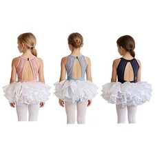 Kids Girls Ballet Tutu Party Dance Leotard Sleeveless Dress Cutout Back Layered