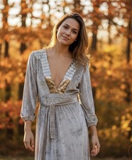 Vintage Urban Outfitters RAGA Cream Green Crushed Velvet Maxi Dress w/Sequins