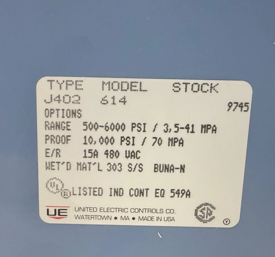 UNITED ELECTRIC CONTROLS CO. TYPE MODEL STOCK J402-614 - Image 2 of 4