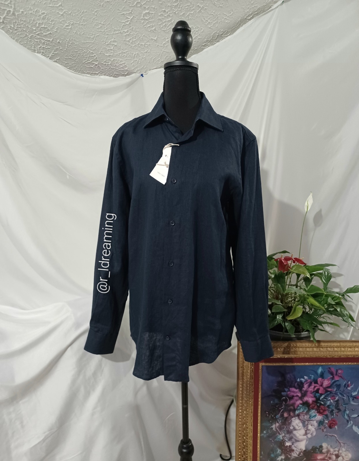 Zara Man Linen Sartorial Long Sleeve Button Up Shirt Navy Blue Size S NWT