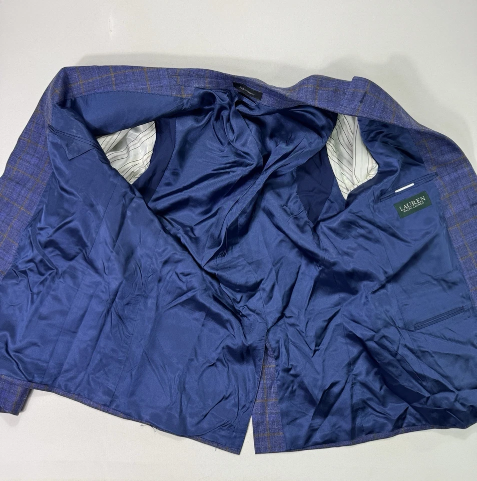 Ralph Lauren Blazer Sport пальто 40R синий клетку костюм куртка шерсти шелк лен - Изображение 3 из 4