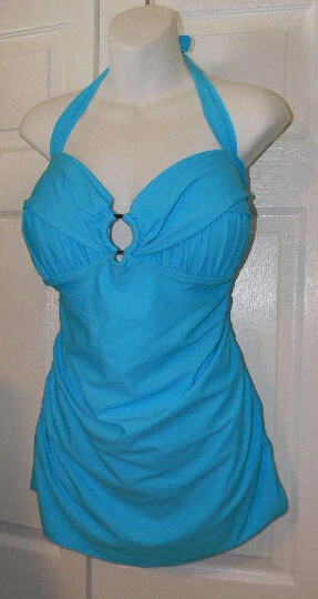 ST TROPEZ Aqua AZUL Fruncido Frontal Halter Taza con Anillo Central 1 Pieza TRAJE DE BAÑO 14 NUEVO Foto 4 de 4
