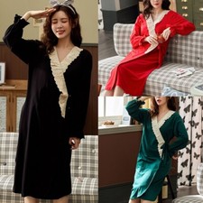 Cotton Bathrobe Gown Lace Kimono Pajamas Sleepwear Dress Nightgown Retro Vintage