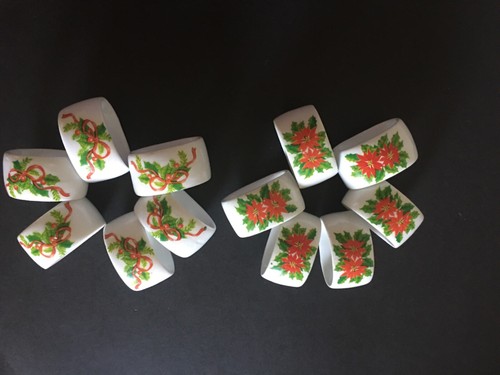 Poinsettia Holly Berries Bow Christmas Napkin Rings Holders Set Of 12 Porcelain - Picture 5 of 6