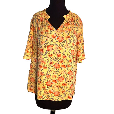 DR2 Yellow and Multicolor Floral Print Woven Short Flowy Sleeve Split Neck Top M