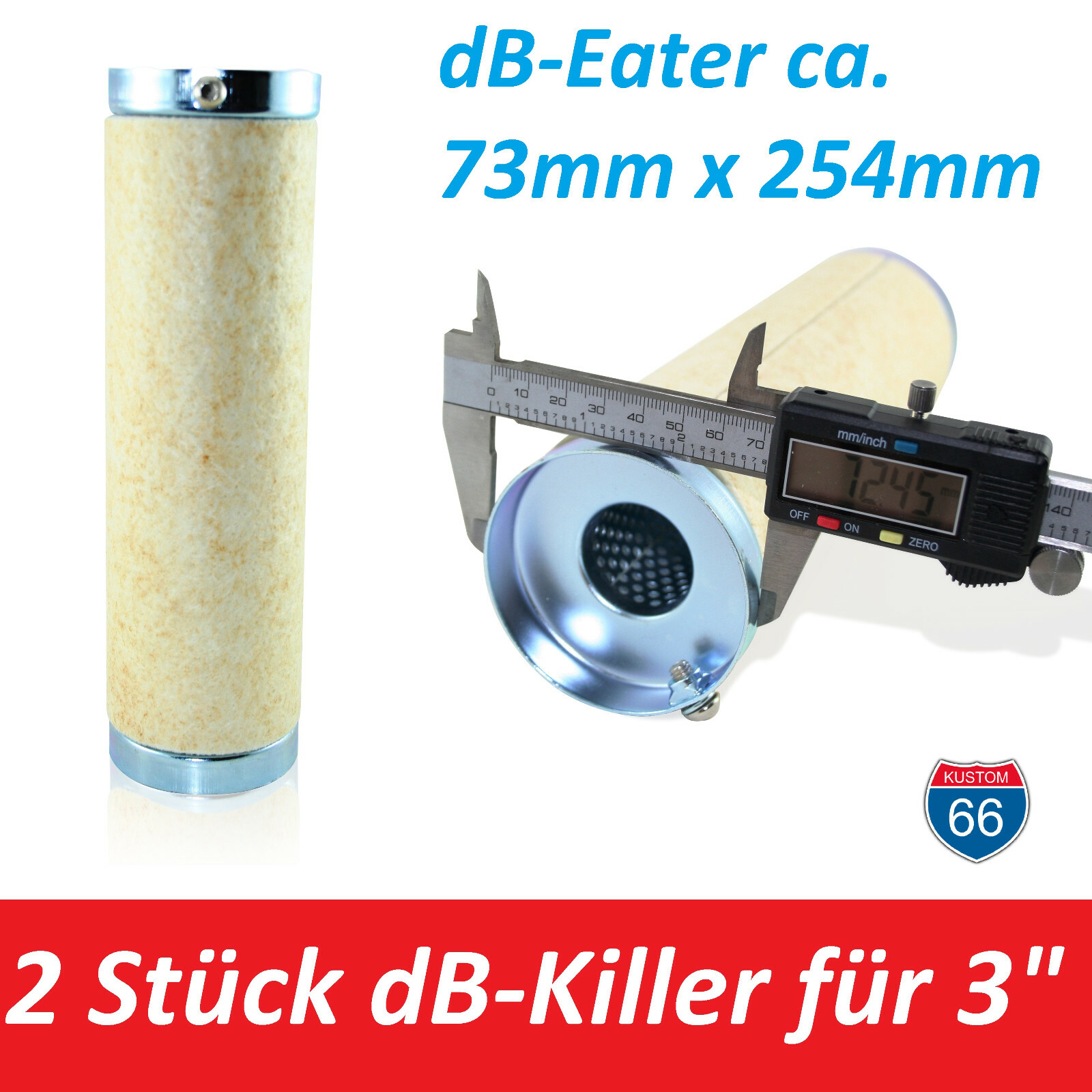 2x dB-Killer ca. 73mm x 254mm Universal dB-Eater für 3 Krümmer Auspuff Motorrad