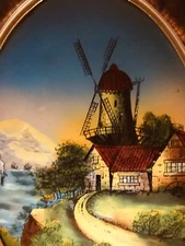 Reverse Windmill Scene Painting  on Convex Glass, Tiger Wood 24”x18” Shells 🐚