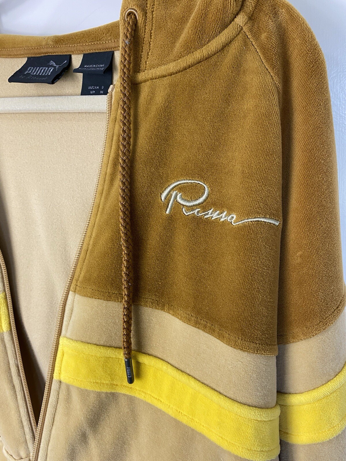 Fenty PUMA By Rihanna Velour Hooded Track Jacket Mustard Brown Oversized Small thumbnail 6