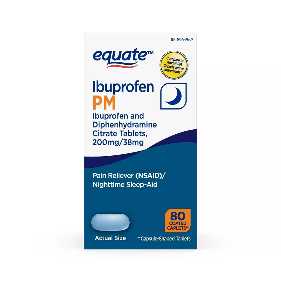 Pack de 2 Equate Ibuprofen PM Ibuprofeno y difenhidramina 200/38 mg 80 tapas cada uno Foto 2 de 3