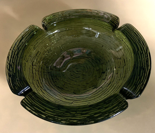 MCM Anchor Hocking Soreno Ashtray Green Avocado Ribbed Glass Mid Century 8.5"