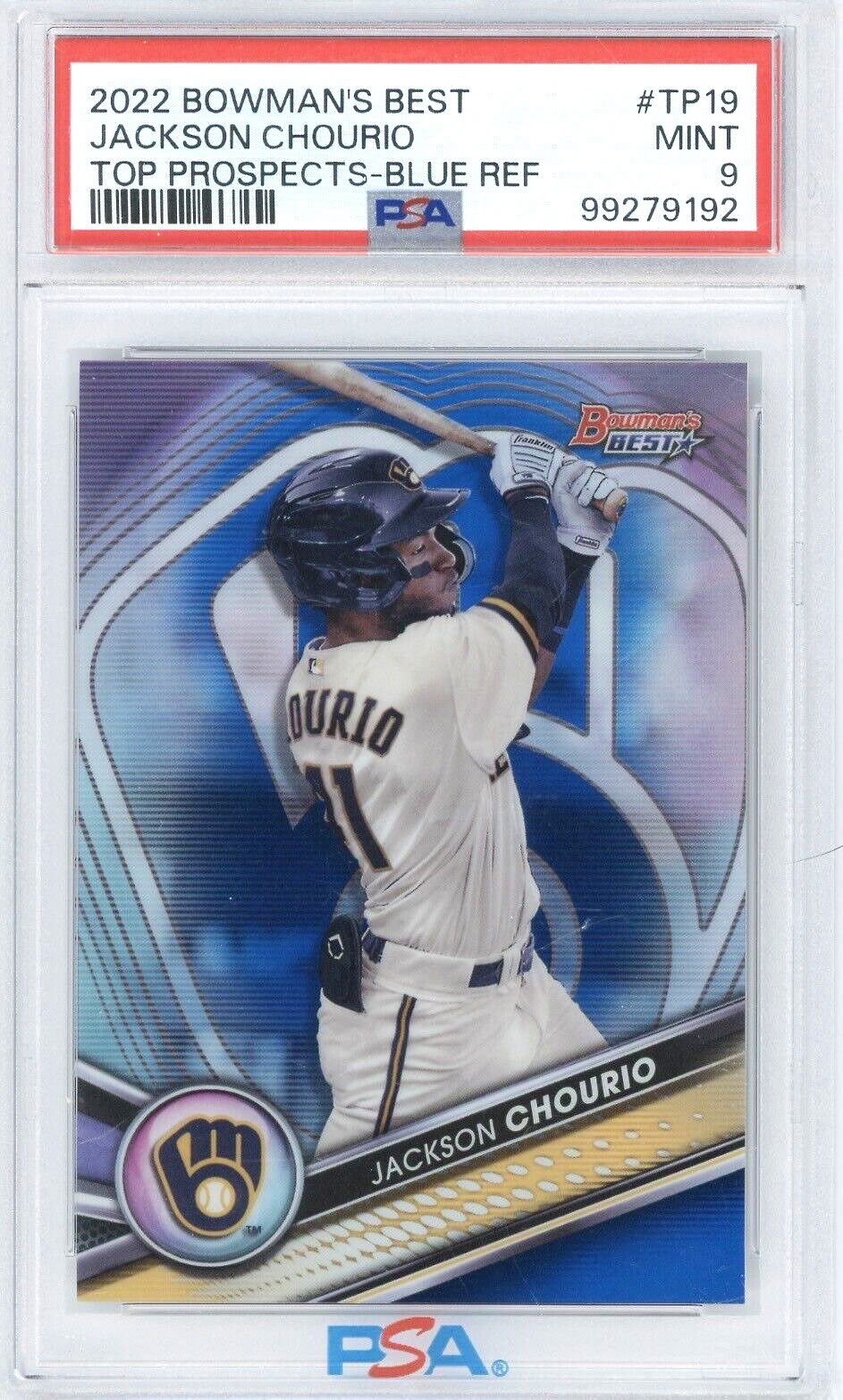 2022 Bowman's Best Top Prospects Jackson Chourio TP-19 Blue Refractor /150 PSA 9