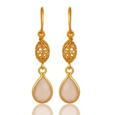Rose Chalcedony 925 Sterling Silver 18K Gold Plated Dangle Earrings Jewelry