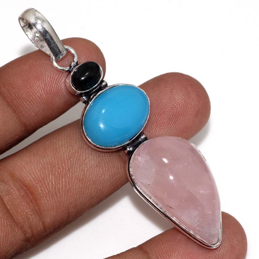 Rose Quartz Black Onyx 925 Silver Plated Pendant 2.5
