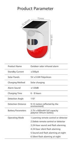 Motion Sensor Solar Powered Detector 120dB Home Alarm Waterproof Strobe Siren - Picture 11 of 11