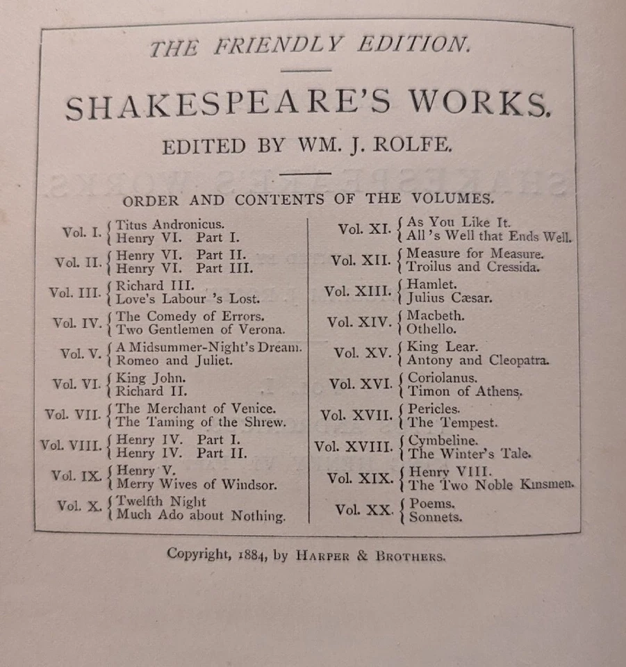 Shakespeare's Works, Harper And Brothers 1884(Missing Vol 13,17,20) - Image 3 of 4
