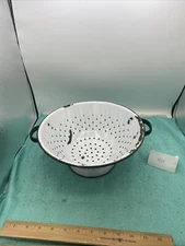 Vintage Enamelware White W/Black Trim Colander Strainer Footed Handles Farmhouse