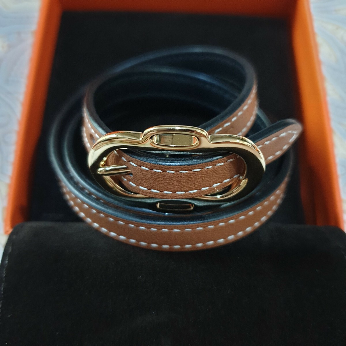 HERMÈS NIB Triple Tour Boucleries Leather Bracelet Gold Noir HERMÈS NIB Triple Tour Boucleries Leather Bracelet Gold Noir