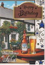 OPEN MALE BIRTHDAY GREETING CARD 7"X5" PUB BEER