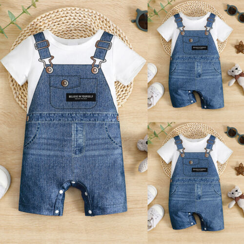 Baby Boys Solid Suspender Pants Short Sleeve Rompers Jumpsuits Set Outfit Summer