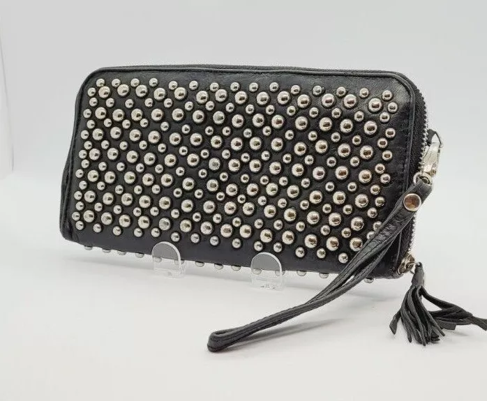 Black leather clutch bag with wrist strap outlet
