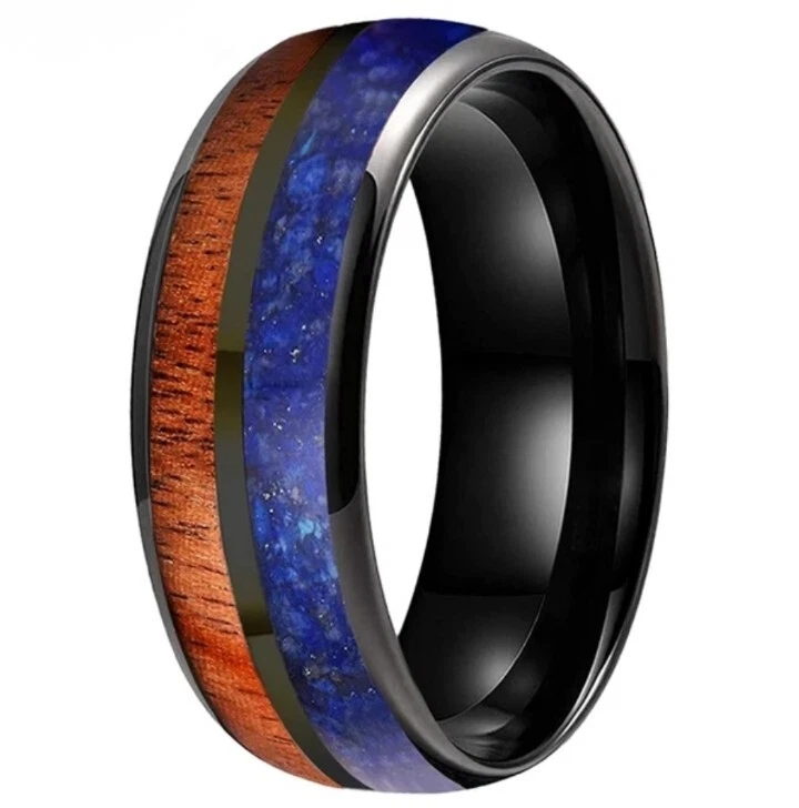 8 毫米男式女式硬质合金戒指蓝色 Lapis Koa 木质 InClayDome 舒适贴合 — 第 2/4 张图片
