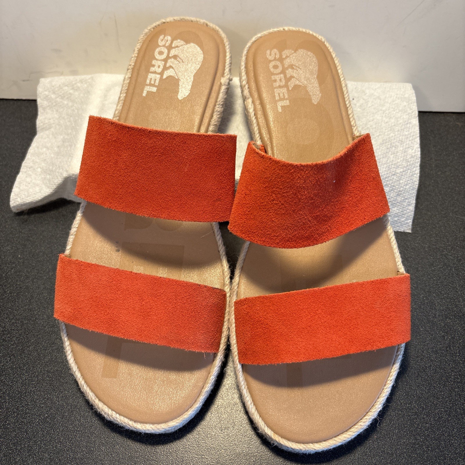 Sorel Ella II Signal Red Suede Slides Sandals Size 8 Woven Jute Trim EUC