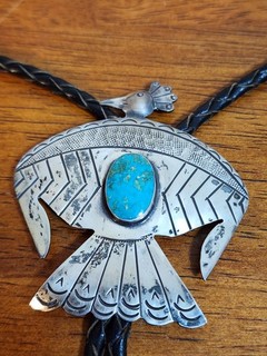 Vintage Sterling Silver Turquoise Native American Thunderbird Bolo Tie Western