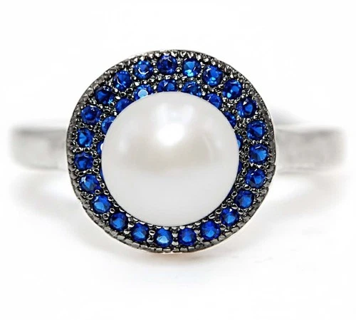 1CT Treated Blue Sappahire & Pearl 925 Genuine Sterling Silver Ring Sz 8 MM4-2