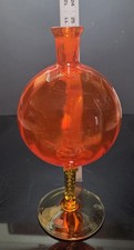 Decanter vetro artistico soffiato a mano 11" arancione globo stelo torsione studio metà secolo