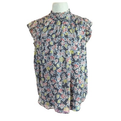 LOFT Floral Ruffle Neck Blouse Womens Medium NWT Sheer Flutter Sleeve Career Top