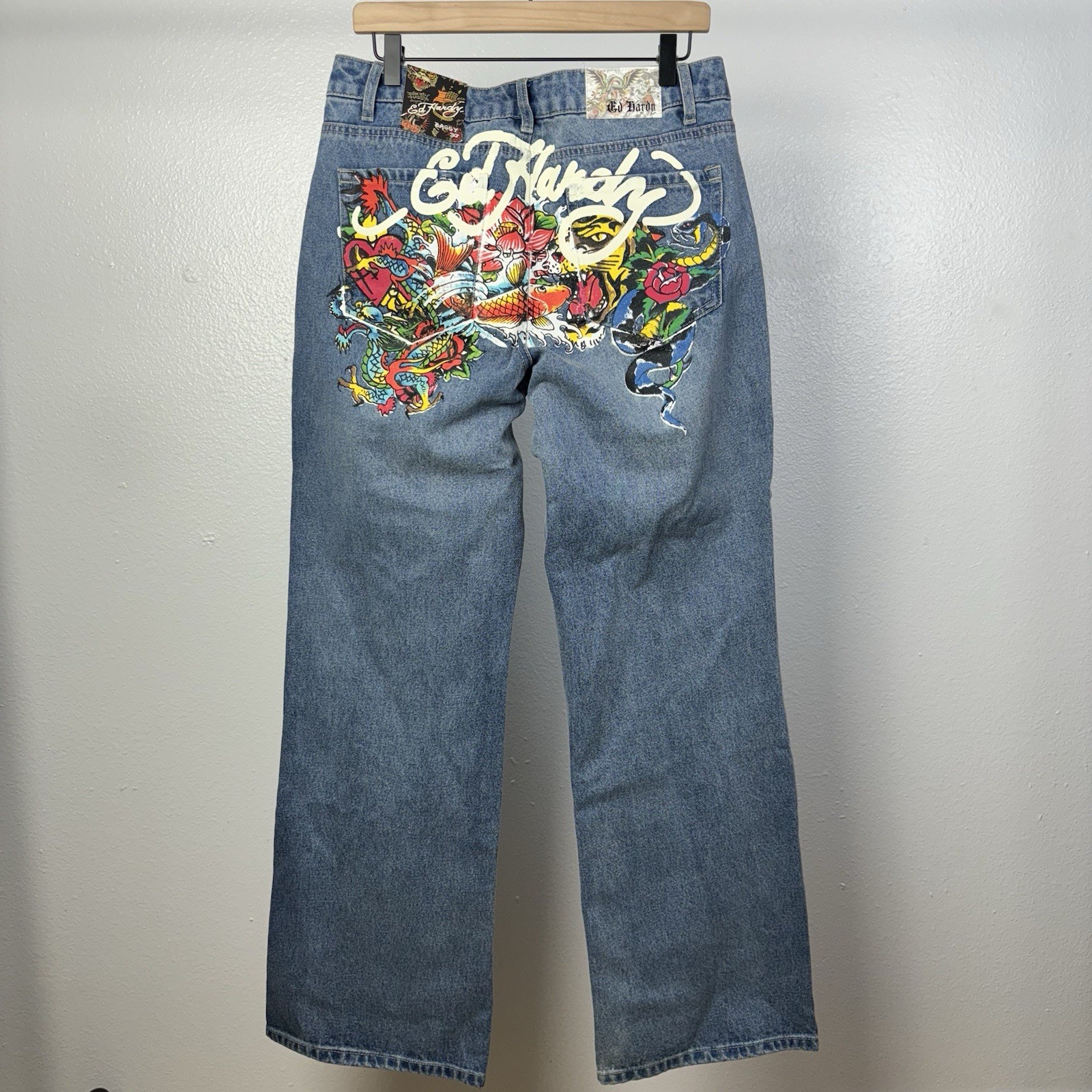 NEW Ed Hardy Mens Jeans 30 Y2K Koi Fish Baggy Wide Leg Denim Grunge Punk NWT