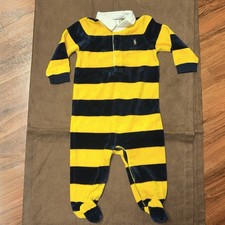RALPH LAUREN Size 9 Months Unisex Rugby One Piece Navy Yellow Striped Velour