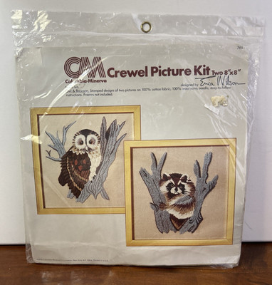 Vtg Needlecraft Kit Embroidery 2 Designs Owl & Raccoon 8 x 8 Columbia-Minerva