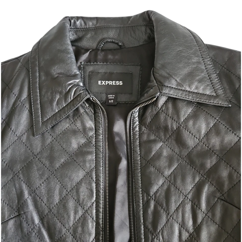 Gabardina larga de cuero acolchada Express vintage negra Y2K pequeña Foto 3 de 4