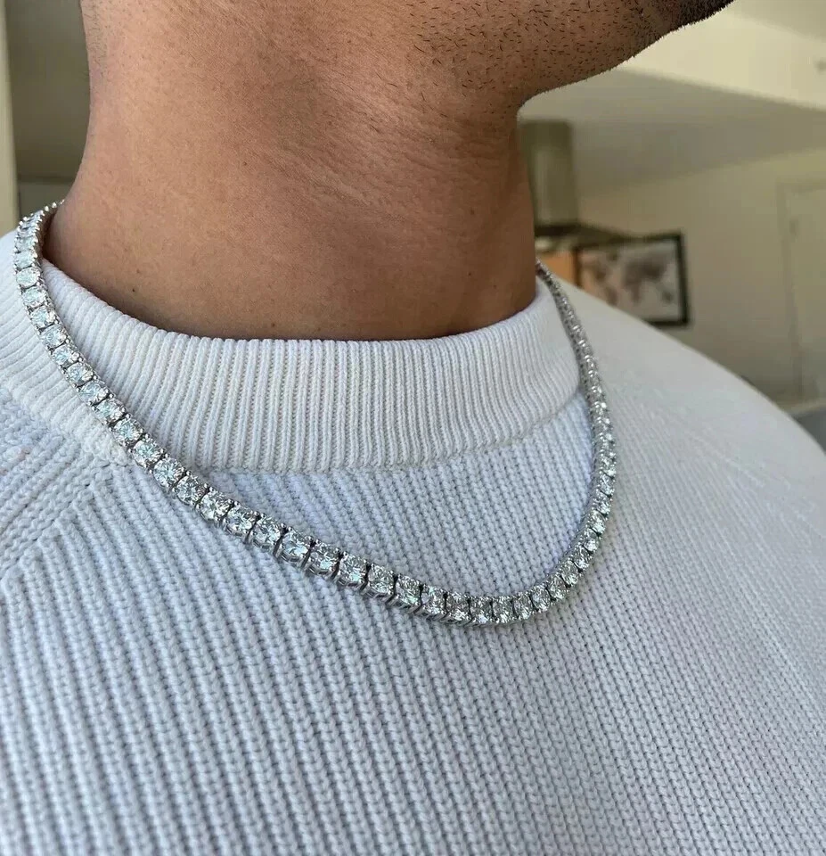 Colar de tênis masculino de diamante corte redondo 12 quilates criado em laboratório acabamento em ouro branco 14k - Imagem 3 de 4