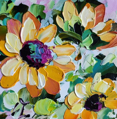 original oil painting Sunflowers yellow wildflowers artwork Floral art 4*4 in - Picture 4 of 9